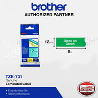 Brother TZe-731 Labelling Tape – Black on Green, 12mm wide Standard Laminated