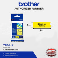 Brother TZe-611 Black on Yellow 6mm Labelling Tape (100% Original)