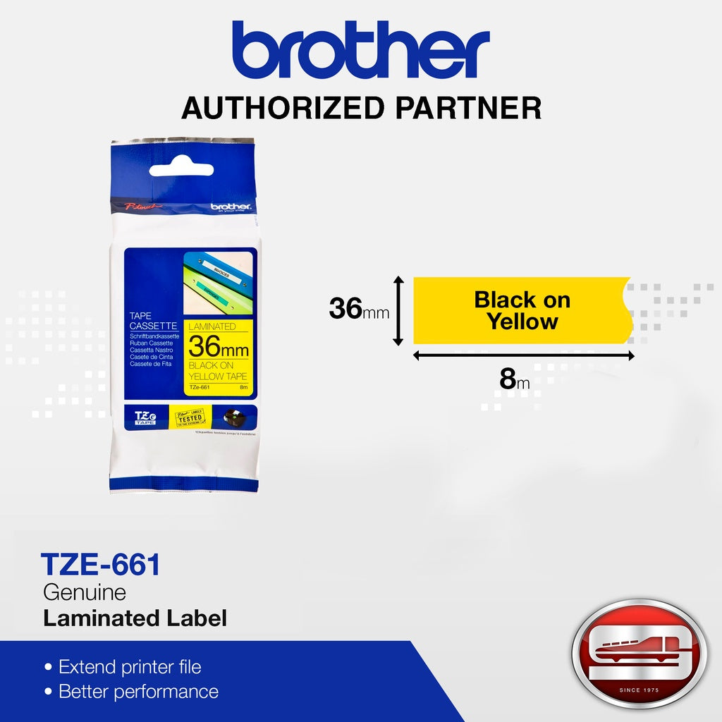 Brother TZE-661 Black on Yellow 36mm Labelling Tape (100% Original)