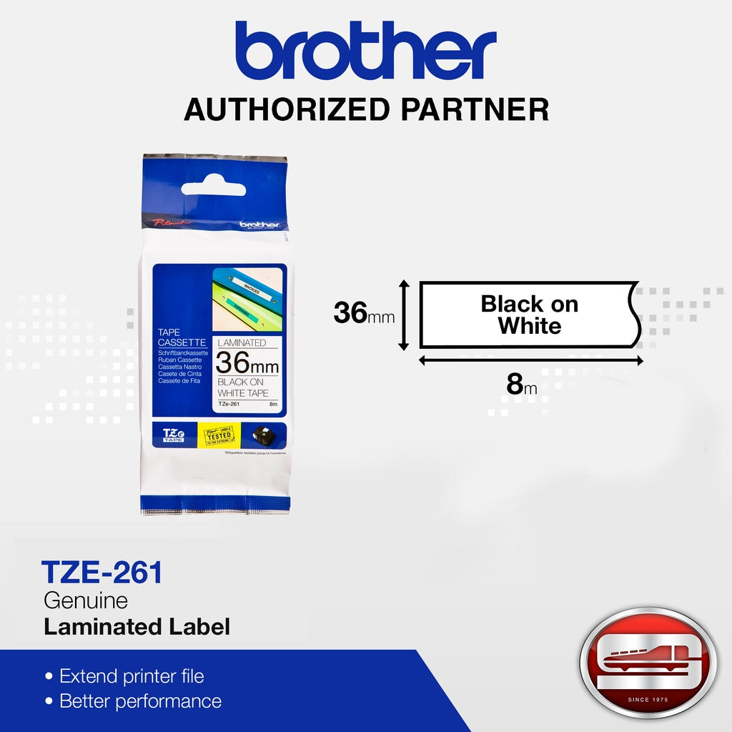 Brother TZE-261 in Black on White Tape for P-touch Printer
