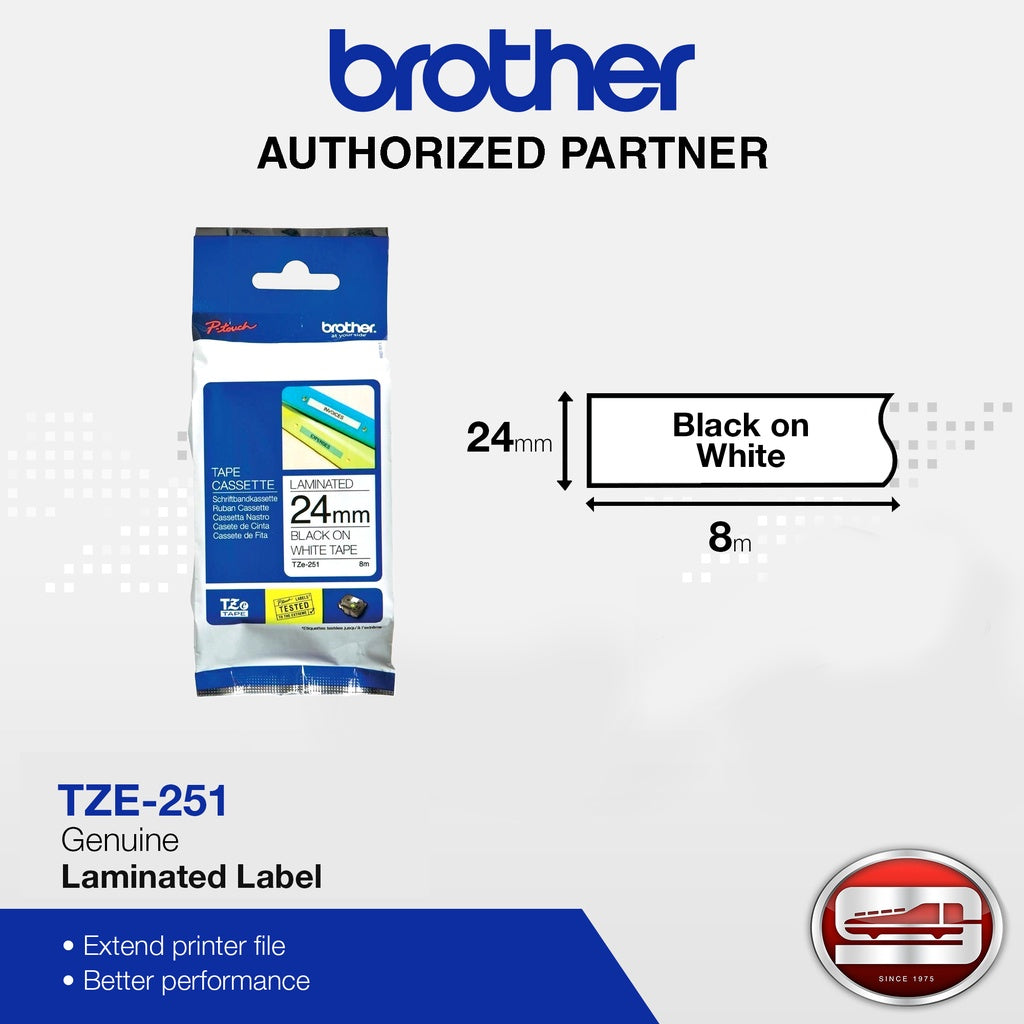 Brother TZe-251 Black on White 24mm Labelling Tape (100% Original)