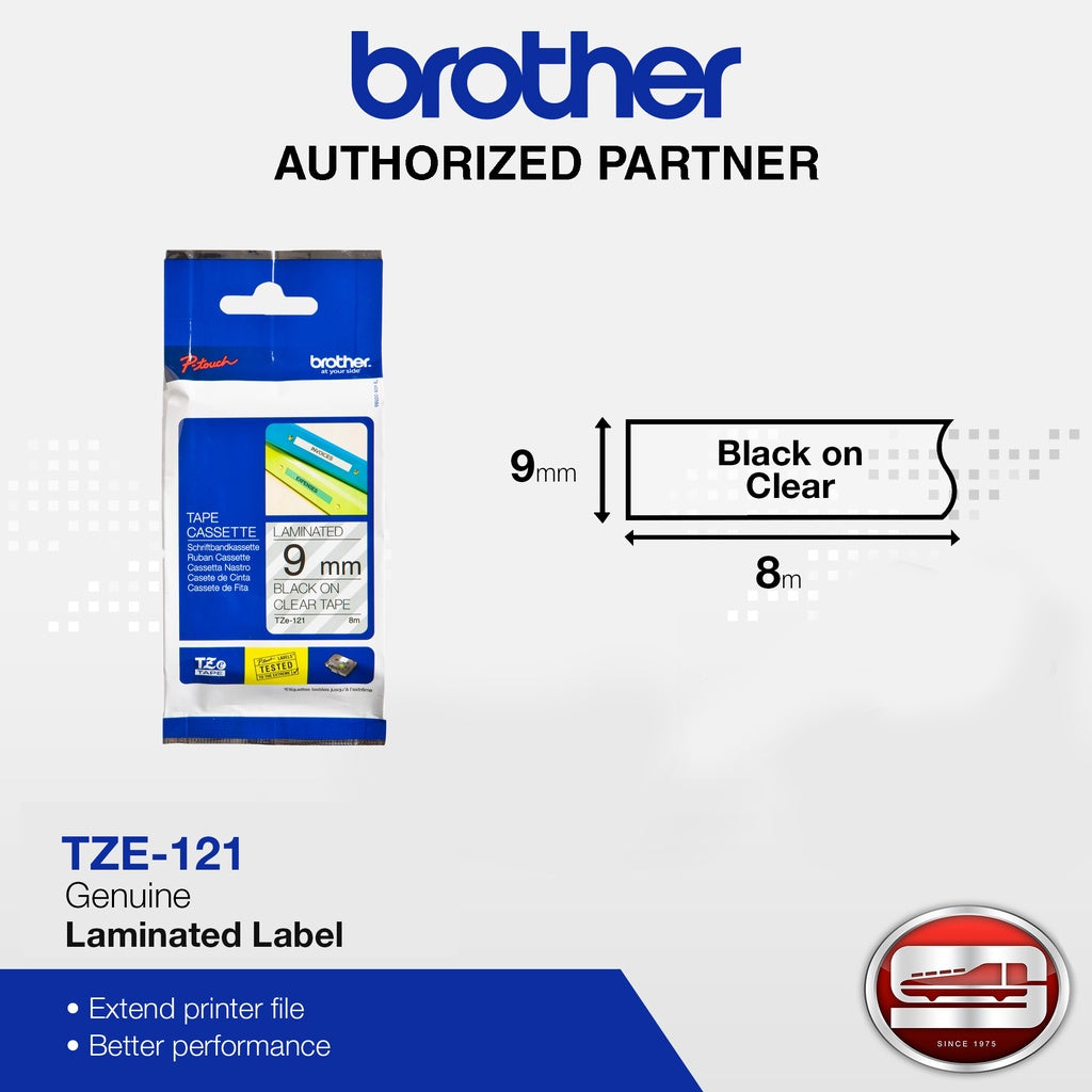Brother TZe-121 Black on Clear 9mm Labelling Tape (100% Original)