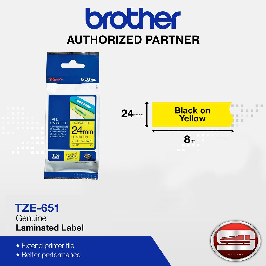 Brother TZe-651 Black on Yellow 24mm Labelling Tape (100% Original)
