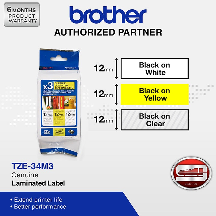 Brother TZe-34M3 Laminated Tape 12mm x 4m 3 Colors