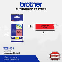 Brother TZe-431 Black on Red 12mm Labelling Tape (100% Original)