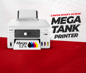 A Canon Maxify GX3070 Mega Tank printer shown on a red and white background with promotional text. The printer is white with a black control panel and a paper tray, with a card labeled 'Mega Tank' in front.