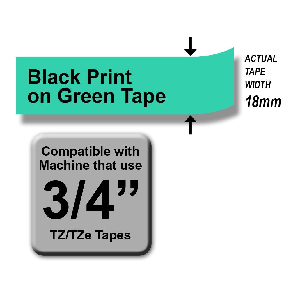 Brother TZe-741 Black on Green 18mm Labelling Tape (100% Original)