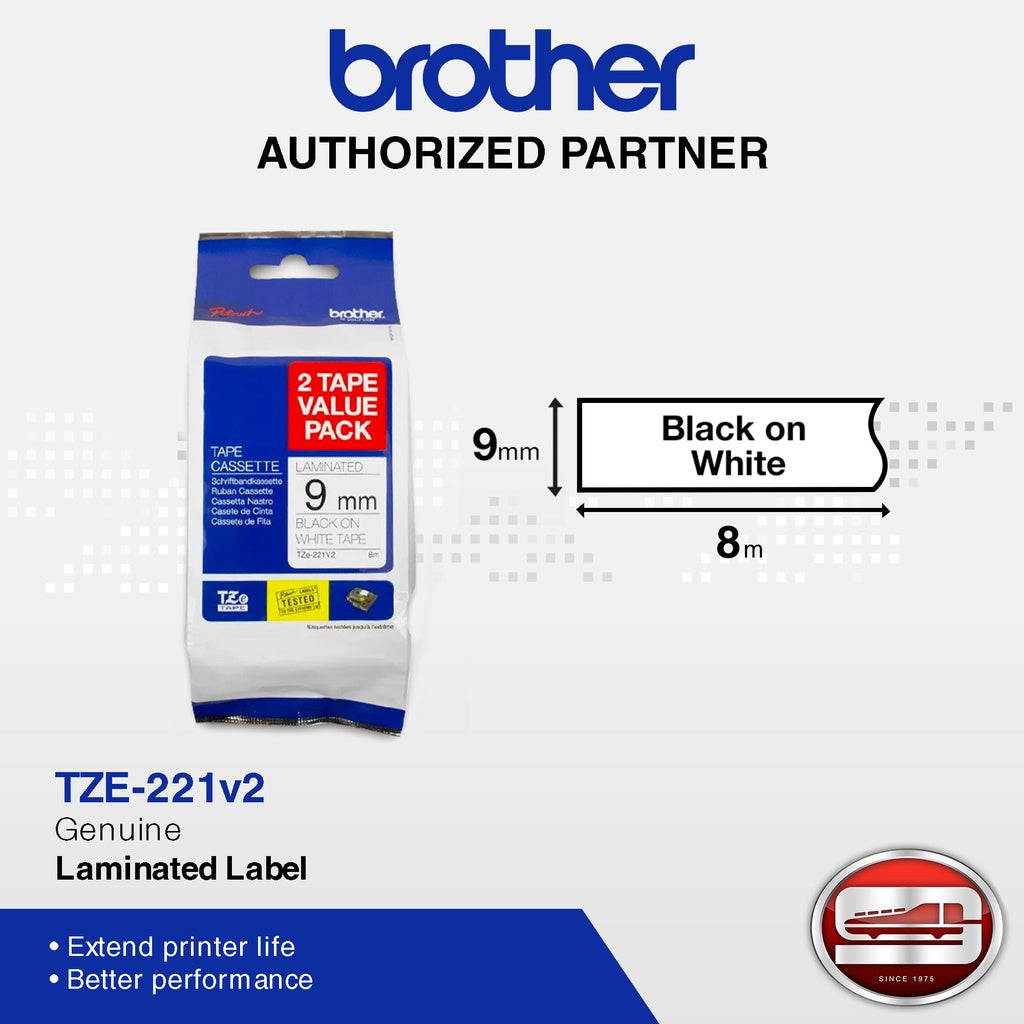 Brother Genuine Laminated Label TZE-221V2 9mm (0.35") Black on white Tape for P-Touch 8m (26.2 ft)