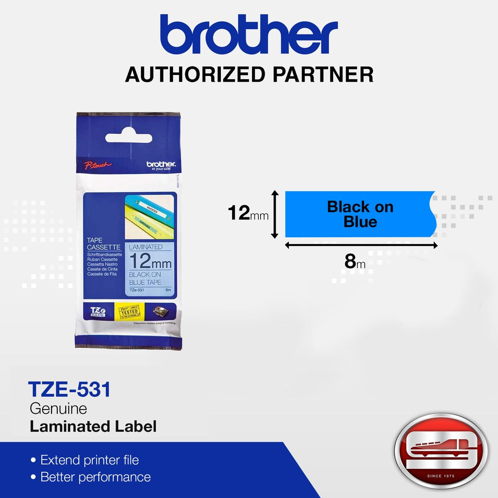 Brother TZe-531 Black on Blue 12mm Labelling Tape (100% Original)