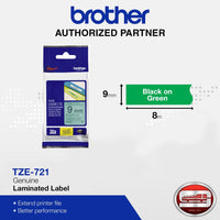 Brother TZe-721 Black on Green 9mm Labelling Tape (100% Original)