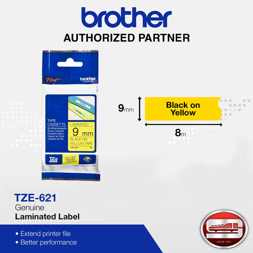 Brother TZe-621 Black on Yellow 9mm Labelling Tape (100% Original)