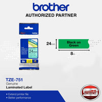 Brother TZe-751 Black on Green 24mm Labelling Tape (100% Original)
