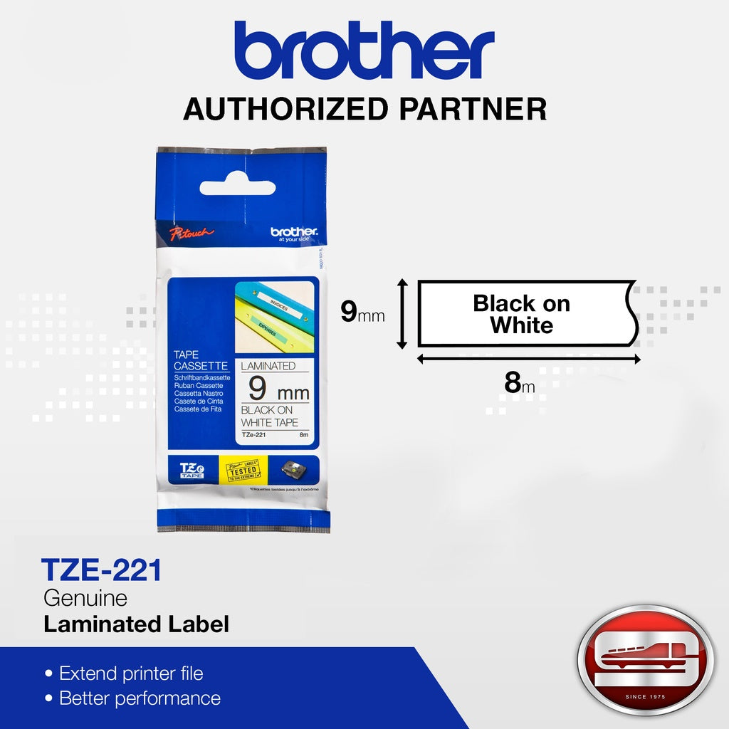 Brother TZe-221 Black on White 9mm Labelling Tape (100% Original)