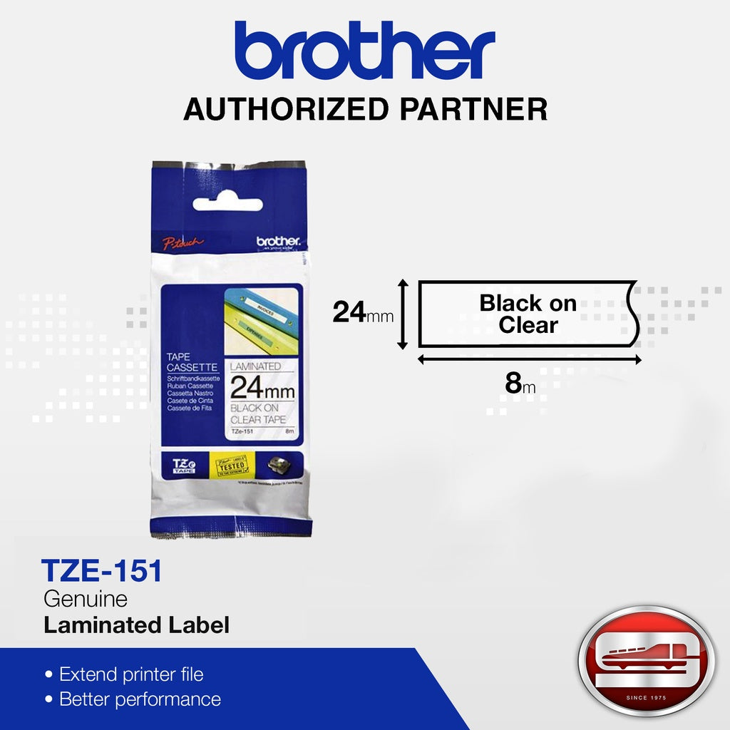 Brother TZE-151 Black on Clear 24mm Labelling Tape (100% Original)