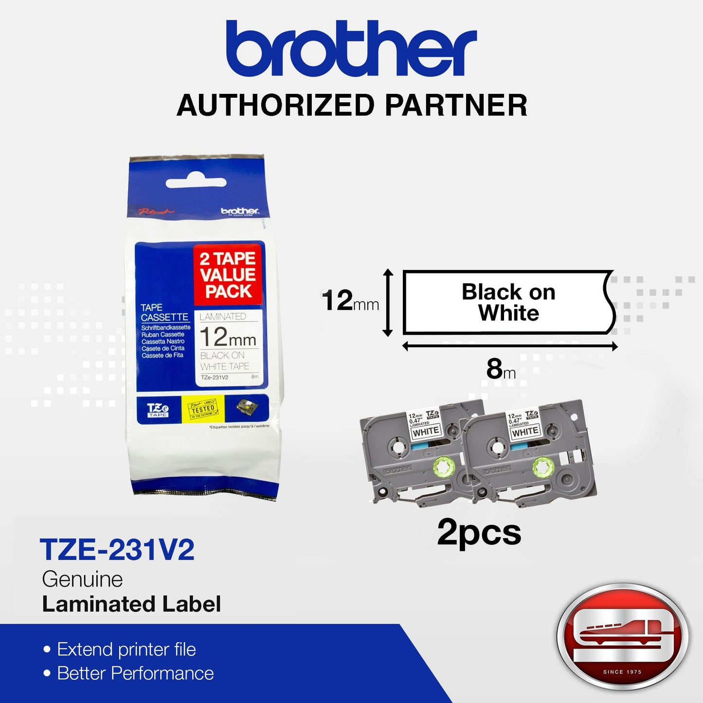 Brother TZe-231 V2 "2sets" Black on White Tape for P-Touch