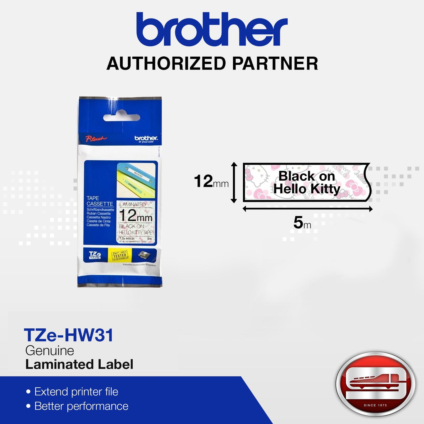 Brother TZe-HW31 Laminated Tape Black on Hello Kitty